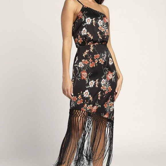 NWT Lulus Let's Be Fringe Black Floral Print Satin One-Shoulder Midi Dress - Picture 2 of 9